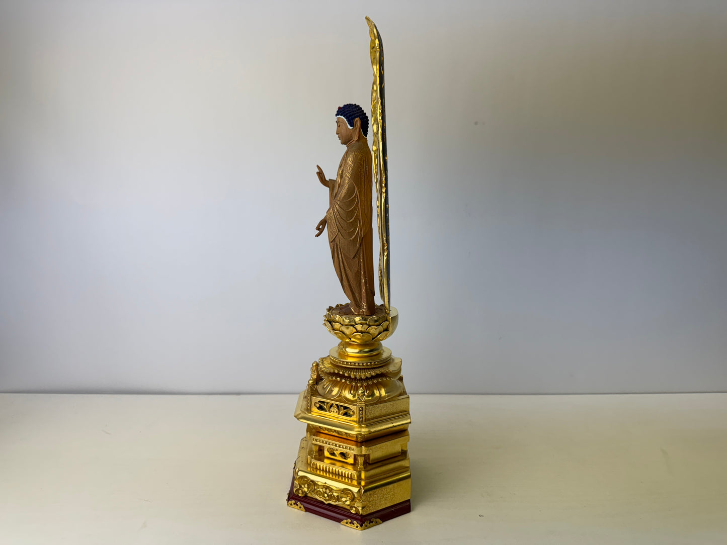 Y9236 STATUE Buddha figurine plain wood gold leaf openwork Halo Japan antique