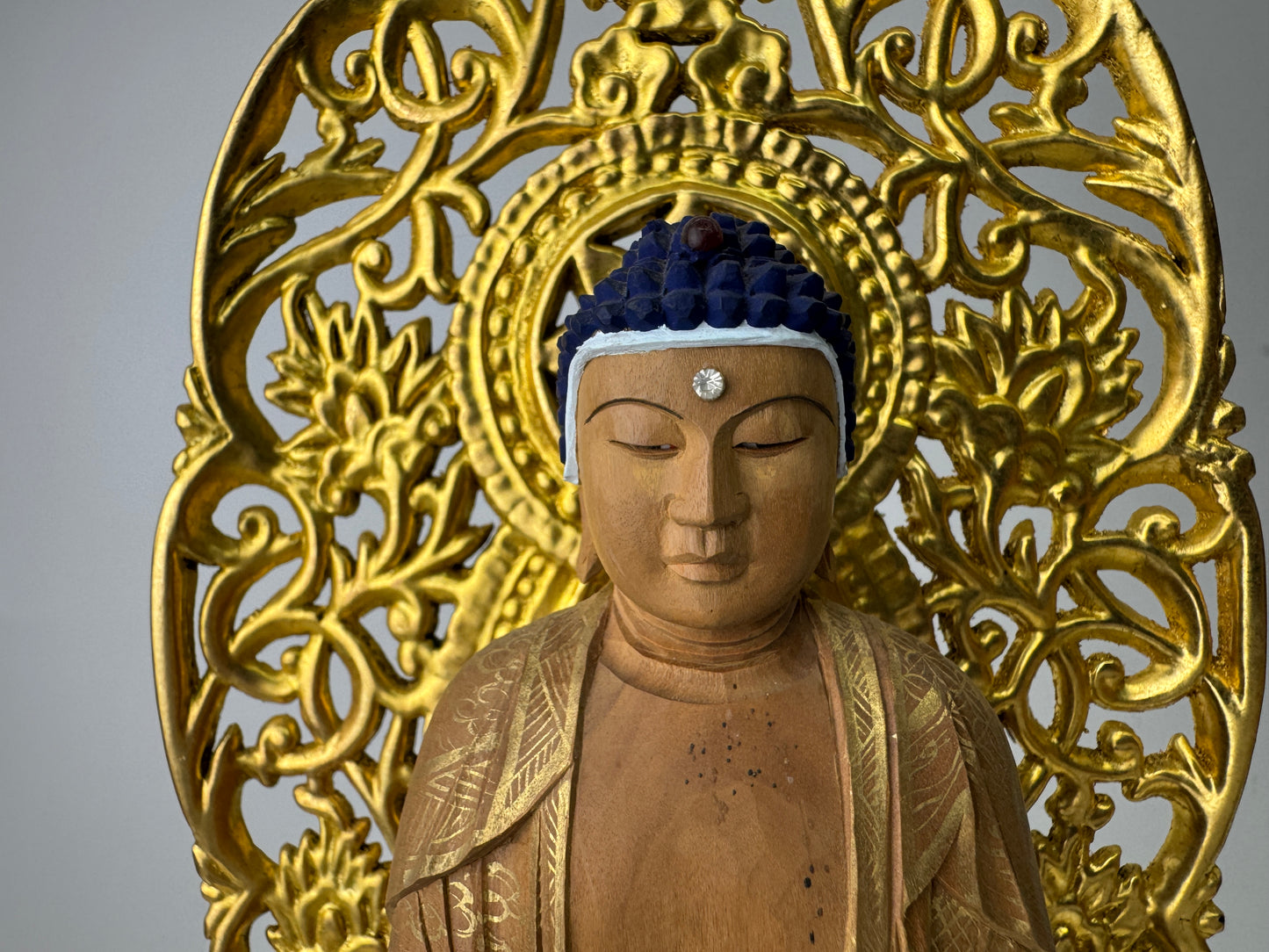 Y9236 STATUE Buddha figurine plain wood gold leaf openwork Halo Japan antique