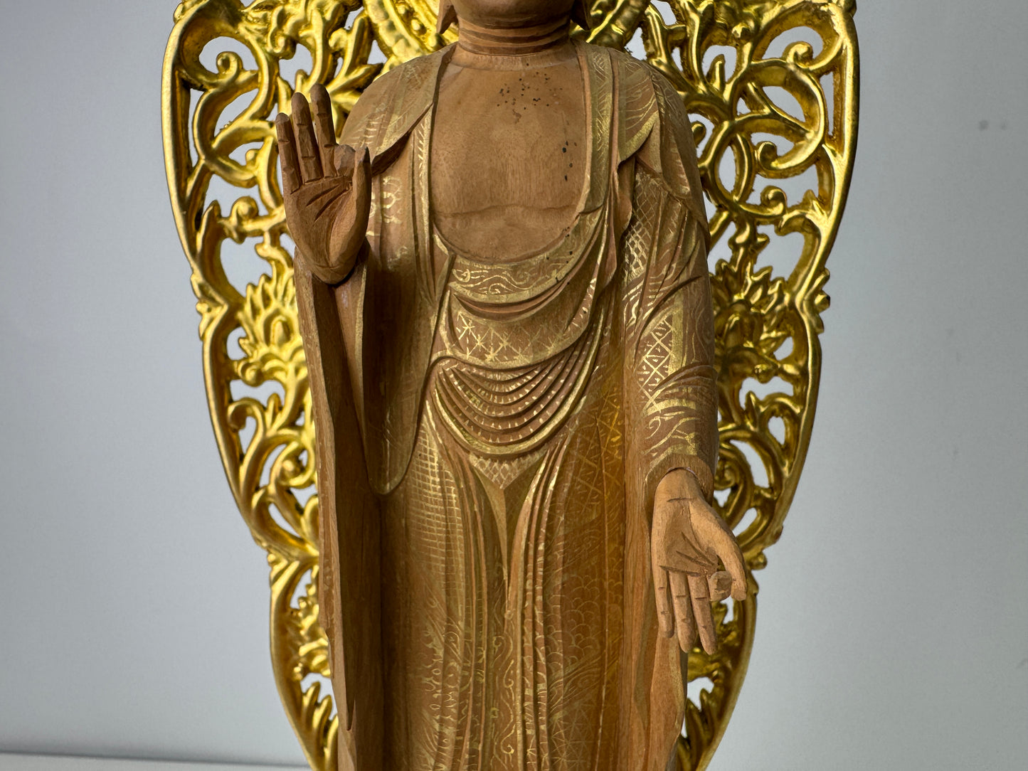 Y9236 STATUE Buddha figurine plain wood gold leaf openwork Halo Japan antique