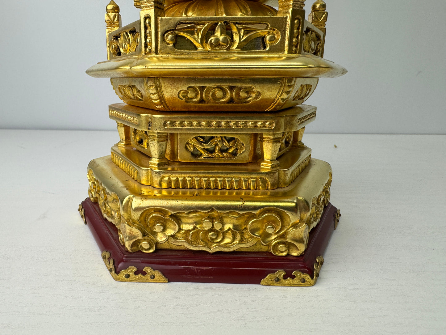 Y9236 STATUE Buddha figurine plain wood gold leaf openwork Halo Japan antique