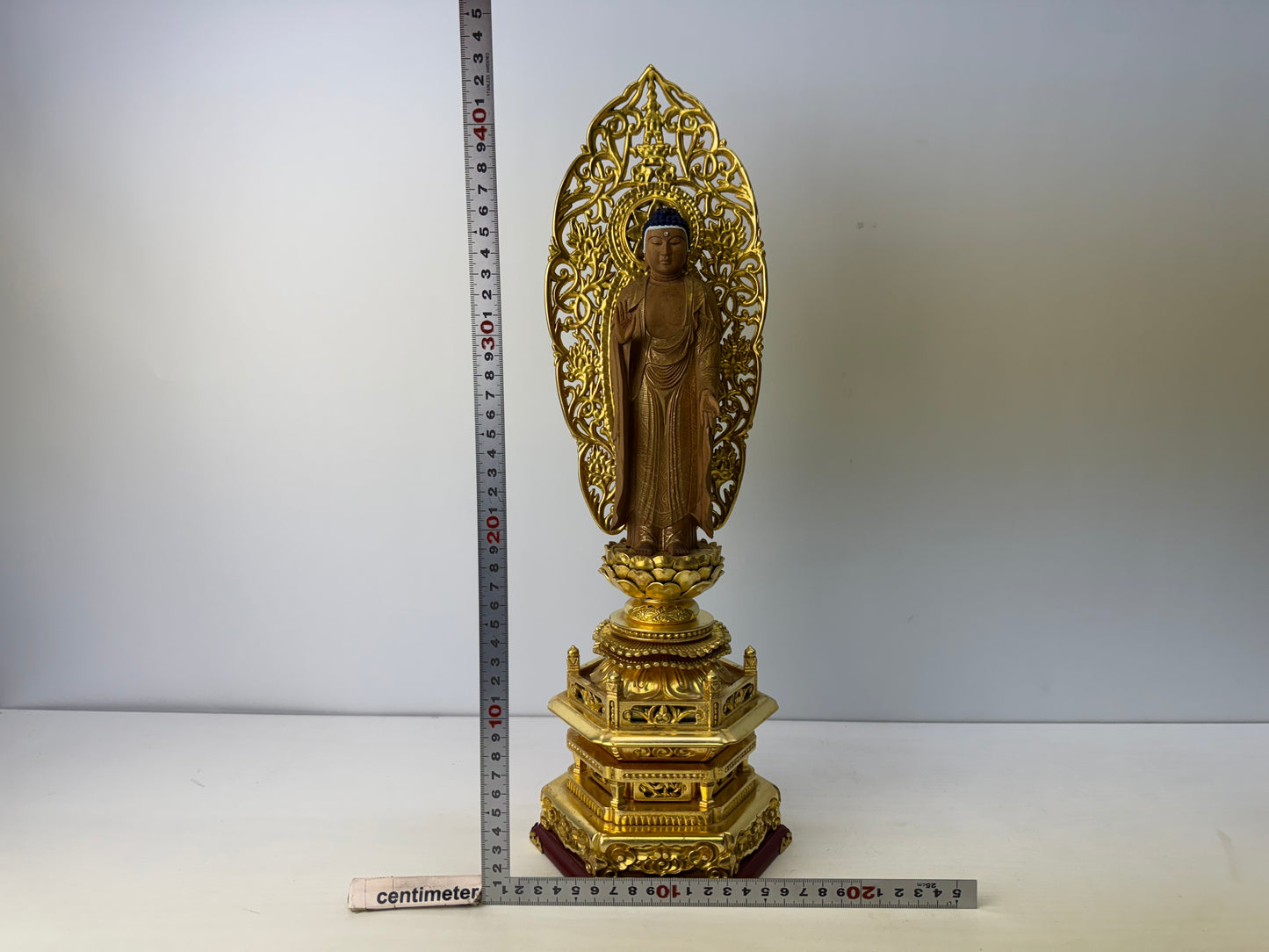 Y9236 STATUE Buddha figurine plain wood gold leaf openwork Halo Japan antique