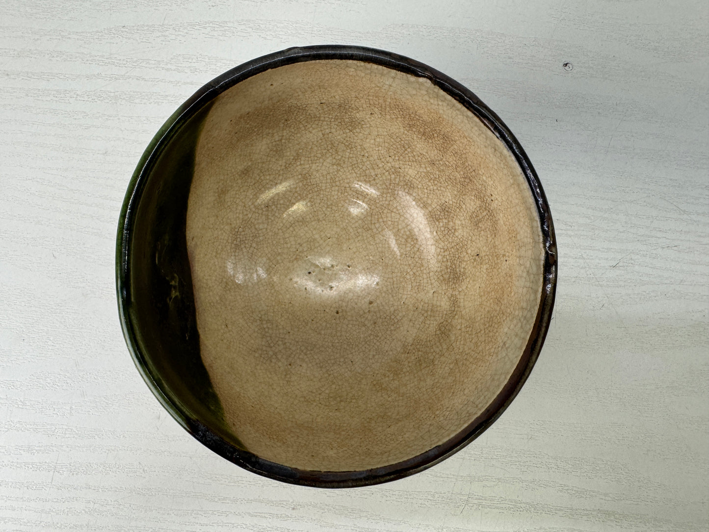 Y9282 CHAWAN Oribe-ware bowl signed Japan antique tea ceremony cup pottery