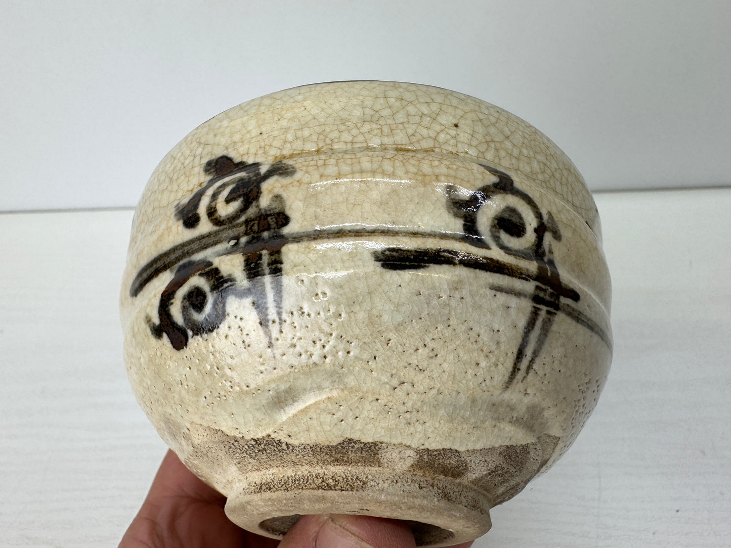 Y9282 CHAWAN Oribe-ware bowl signed Japan antique tea ceremony cup pottery