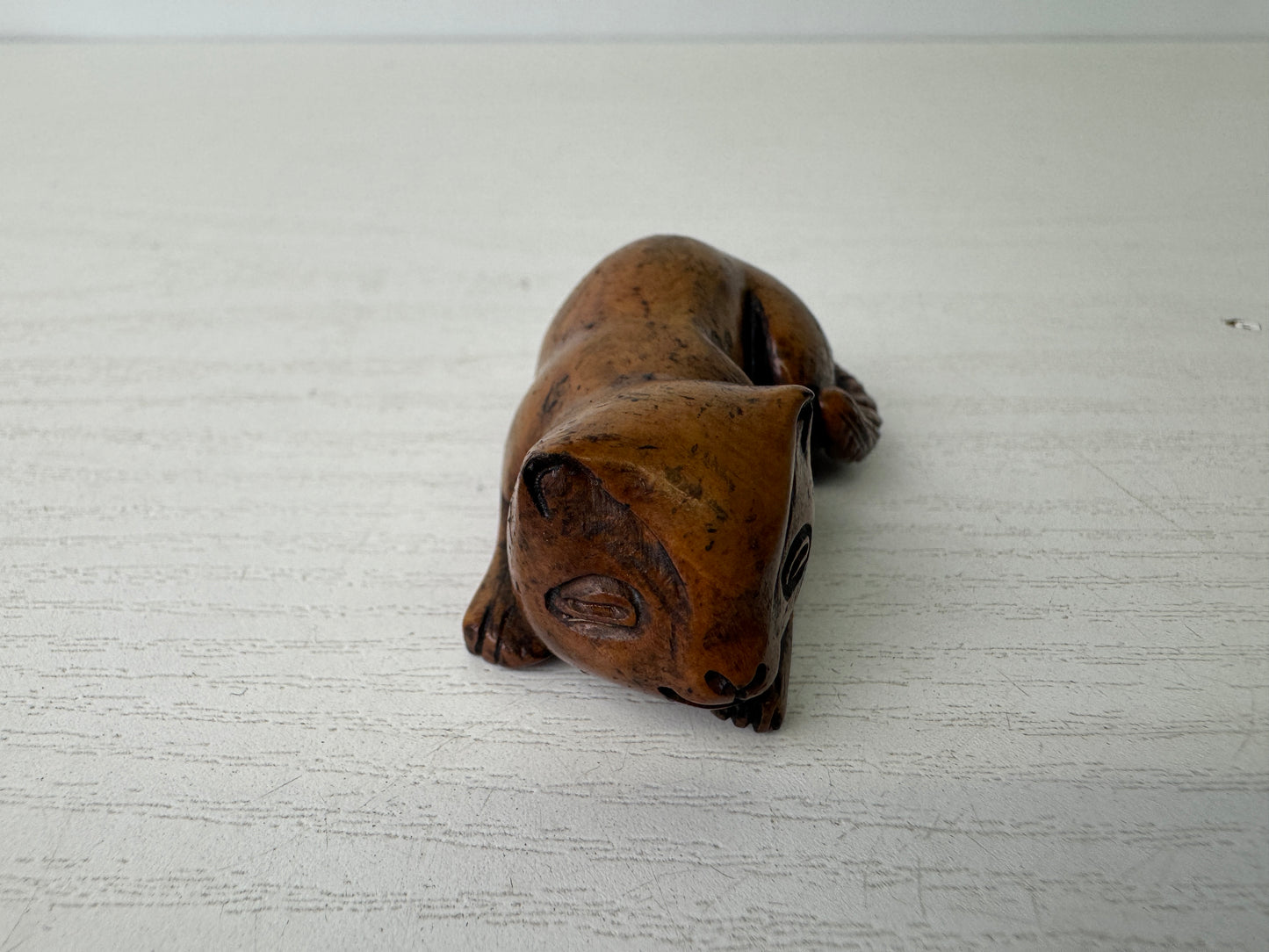 Y9298 NETSUKE wood carving Cat figure Japan antique kimono accessory fashion