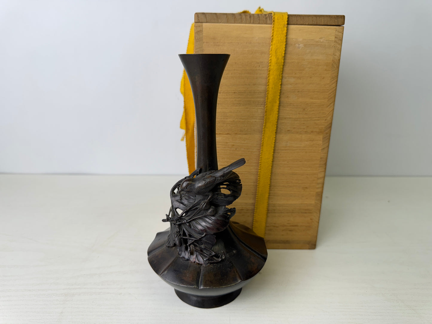 Y9306 FLOWER VASE Copper signed box Japan ikebana floral arrangement interior