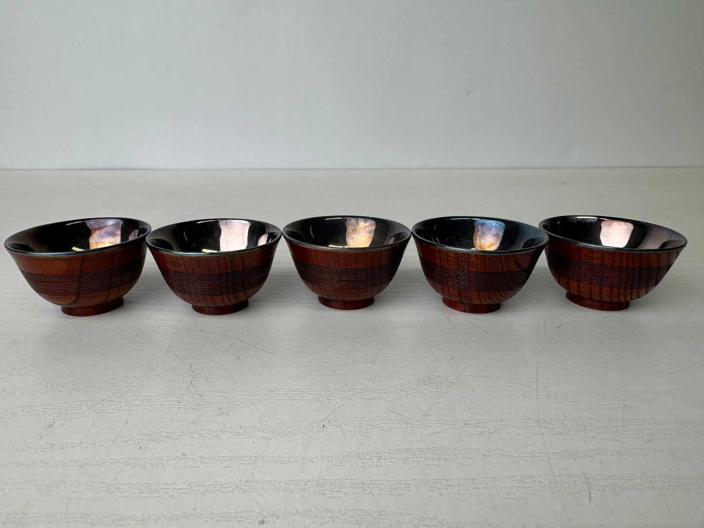 Y9308 CHAWAN 5 Sake cups signed box pure silver lining Japan antique tableware