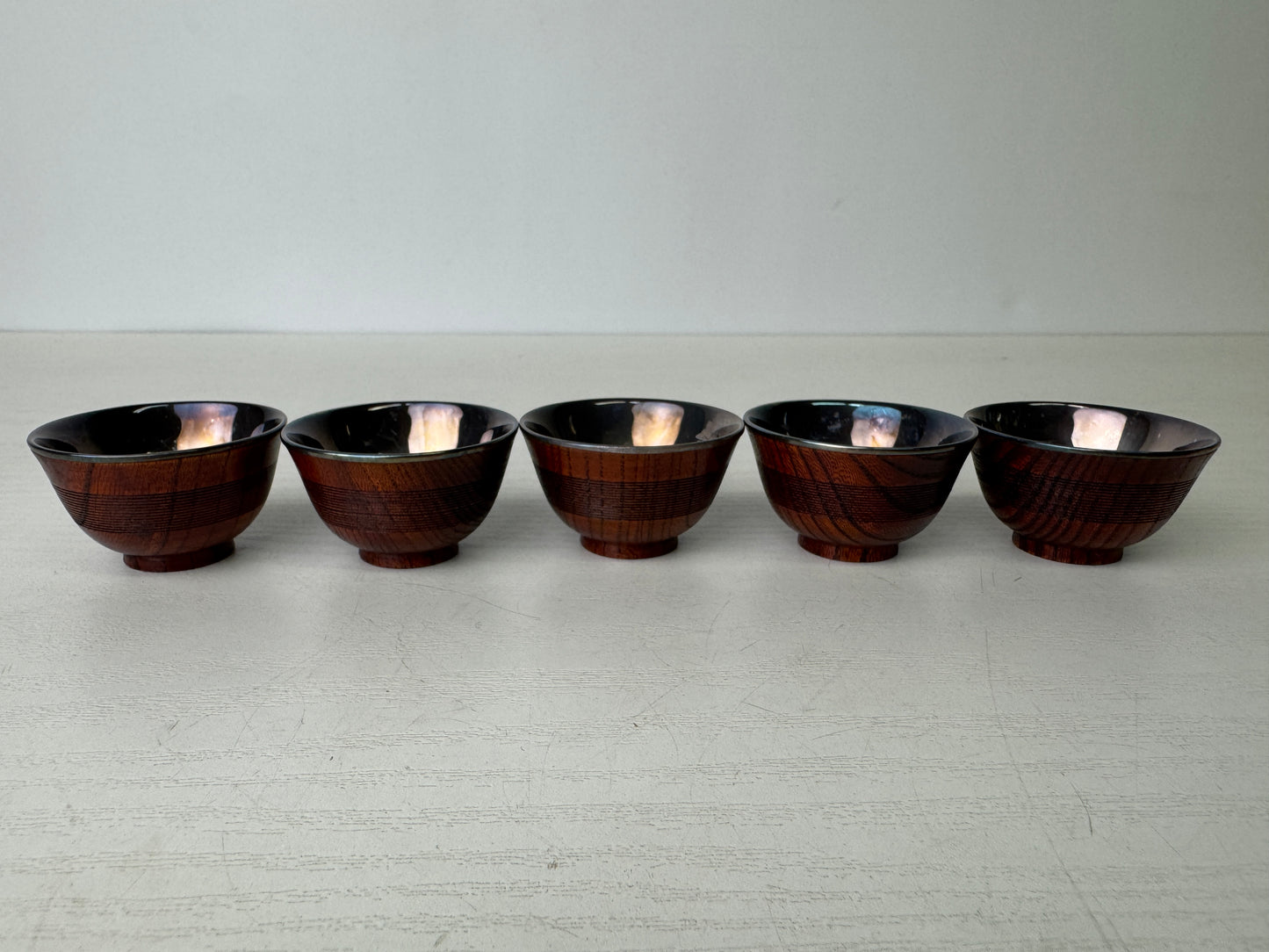 Y9308 CHAWAN 5 Sake cups signed box pure silver lining Japan antique tableware