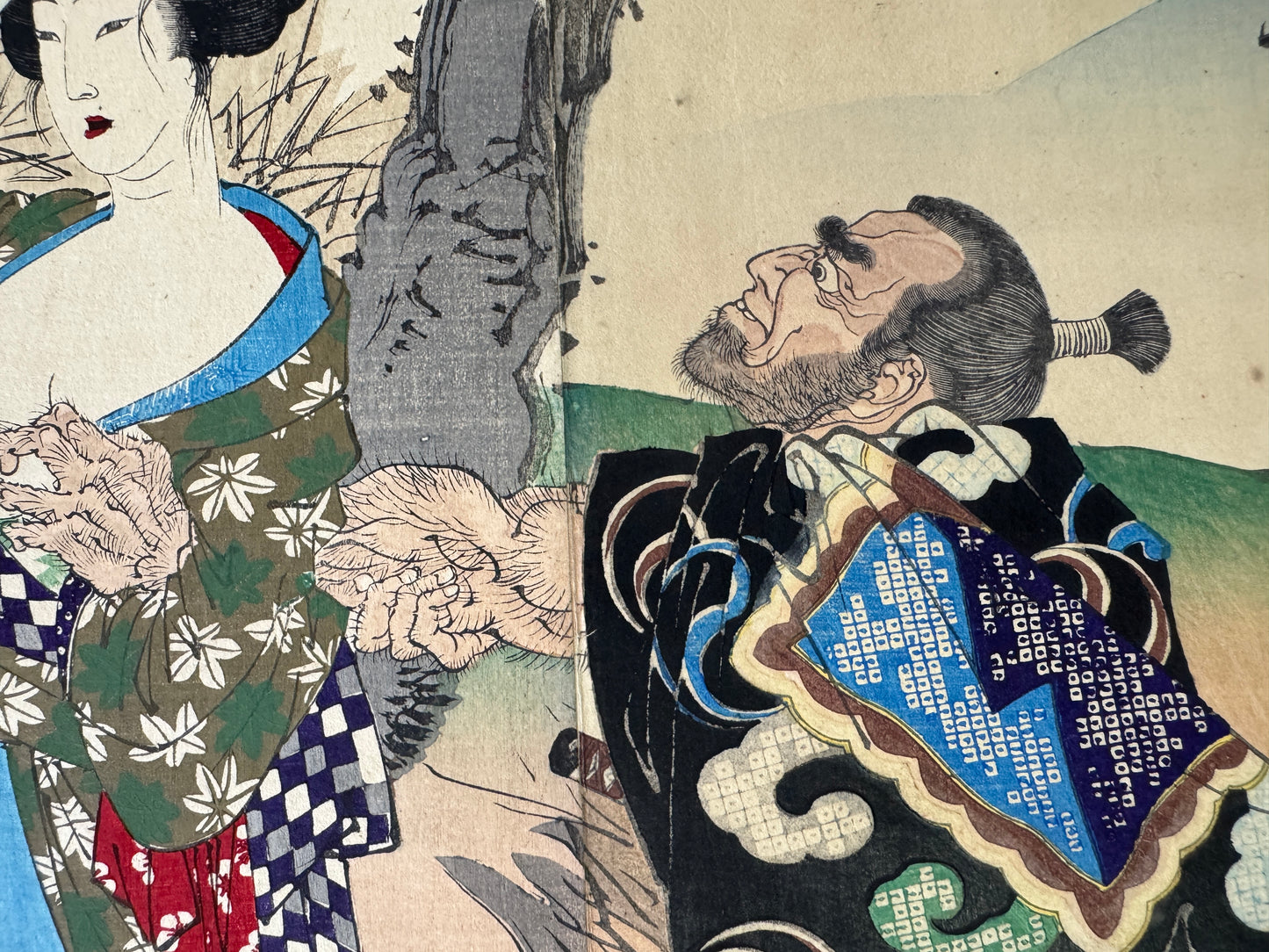 Y9329 WOODBLOCK PRINT Portrait person diptych backing Japan Ukiyoe antique art