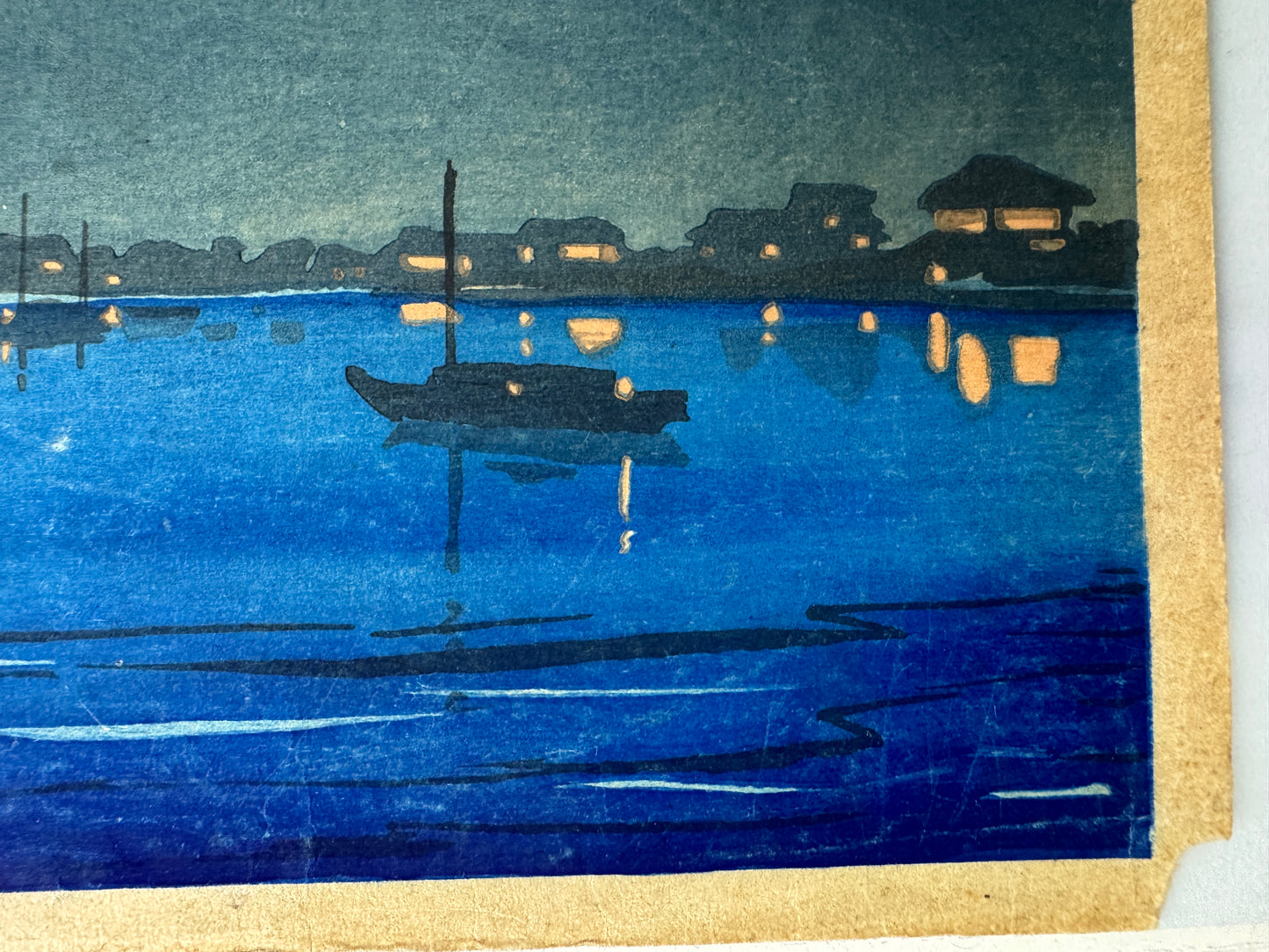 Y9330 WOODBLOCK PRINT Moonlit night in Shinagawa signed Japan Ukiyoe antique art
