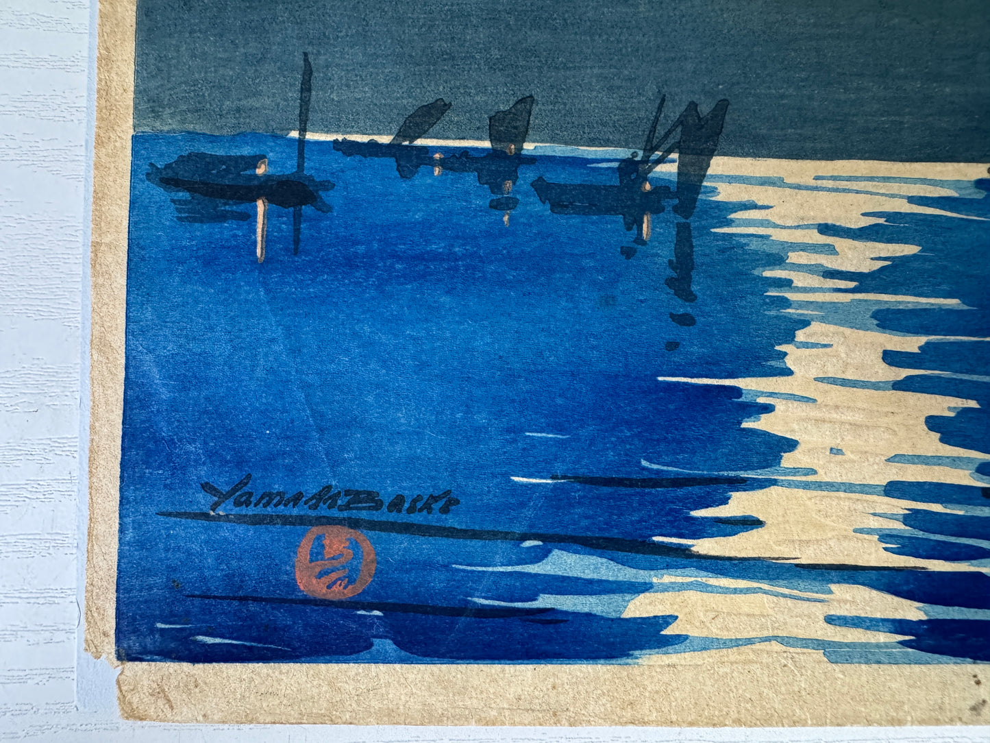 Y9330 WOODBLOCK PRINT Moonlit night in Shinagawa signed Japan Ukiyoe antique art