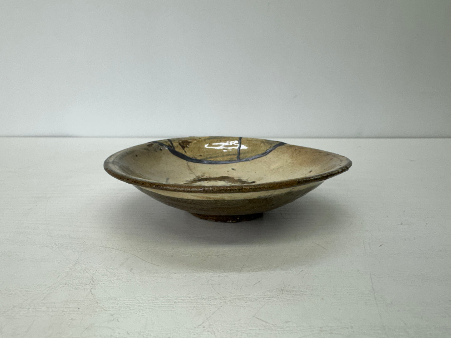 Y9334 CHAWAN Mishima Yobitsugi flat bowl kintsugi box Korea antique tea ceremony