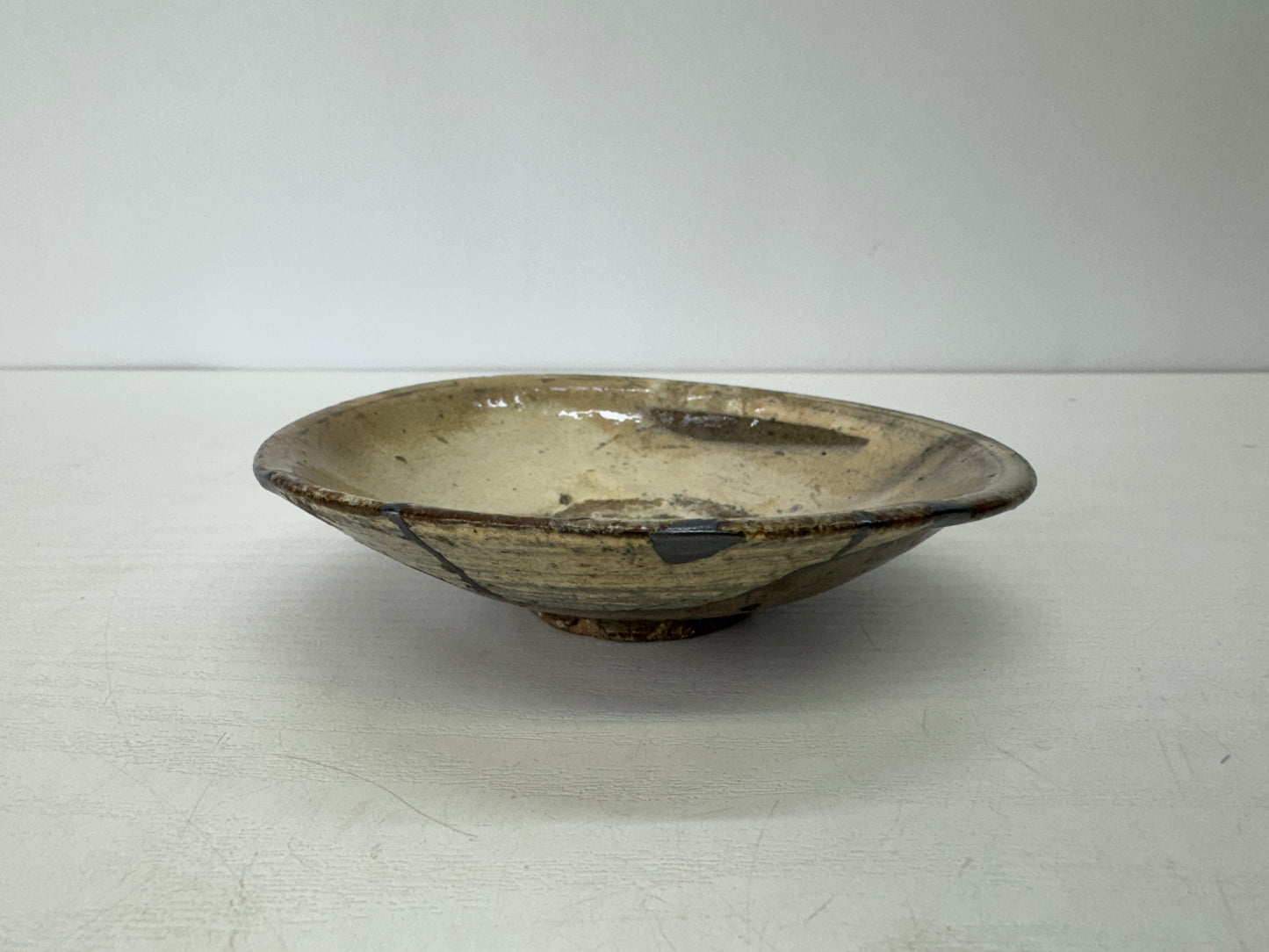Y9334 CHAWAN Mishima Yobitsugi flat bowl kintsugi box Korea antique tea ceremony