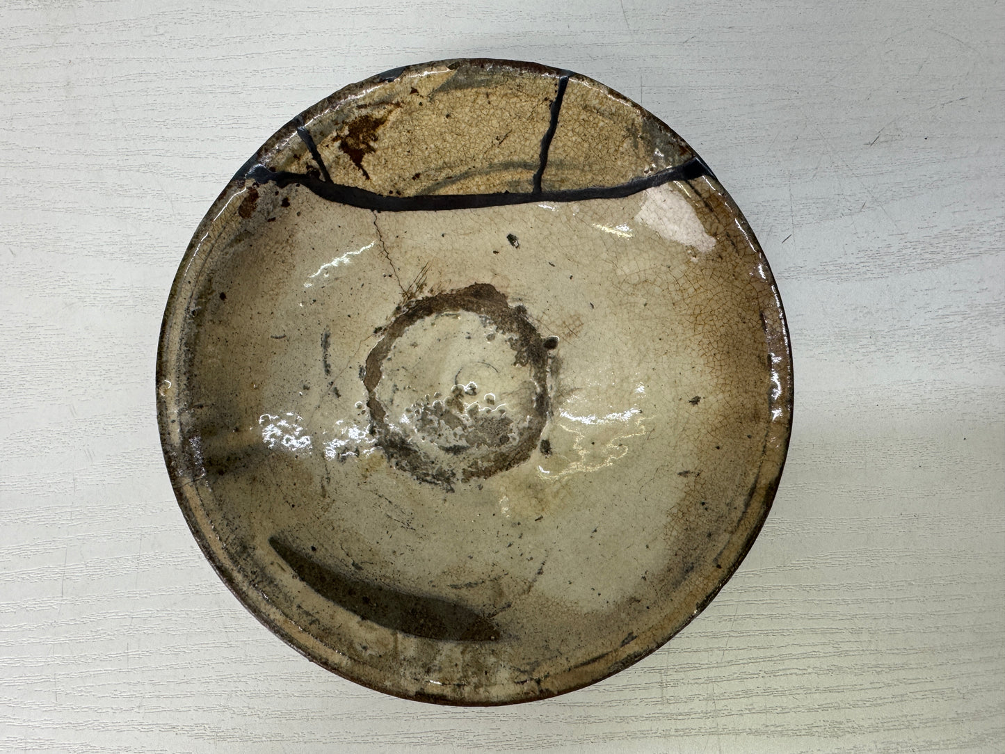 Y9334 CHAWAN Mishima Yobitsugi flat bowl kintsugi box Korea antique tea ceremony
