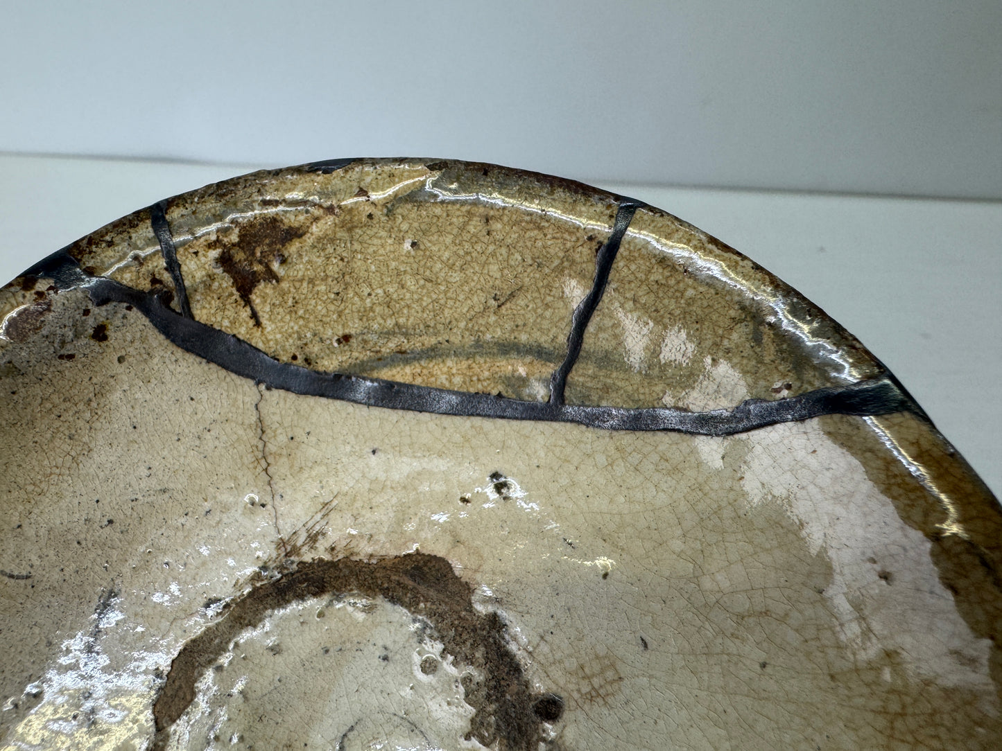 Y9334 CHAWAN Mishima Yobitsugi flat bowl kintsugi box Korea antique tea ceremony
