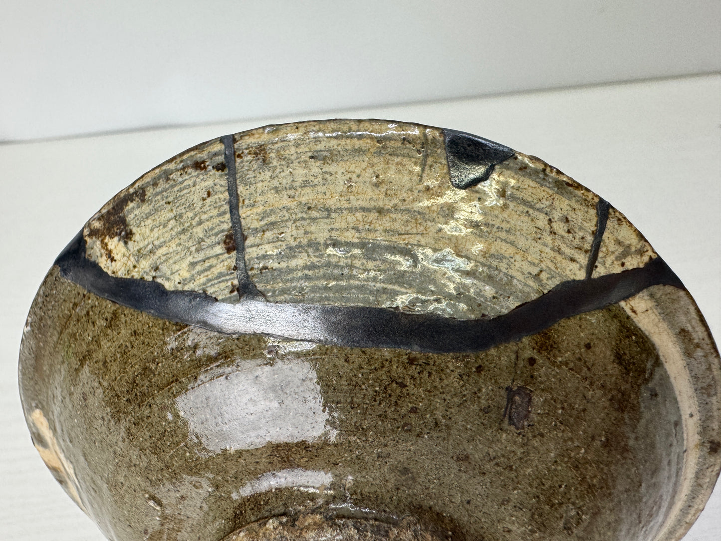 Y9334 CHAWAN Mishima Yobitsugi flat bowl kintsugi box Korea antique tea ceremony