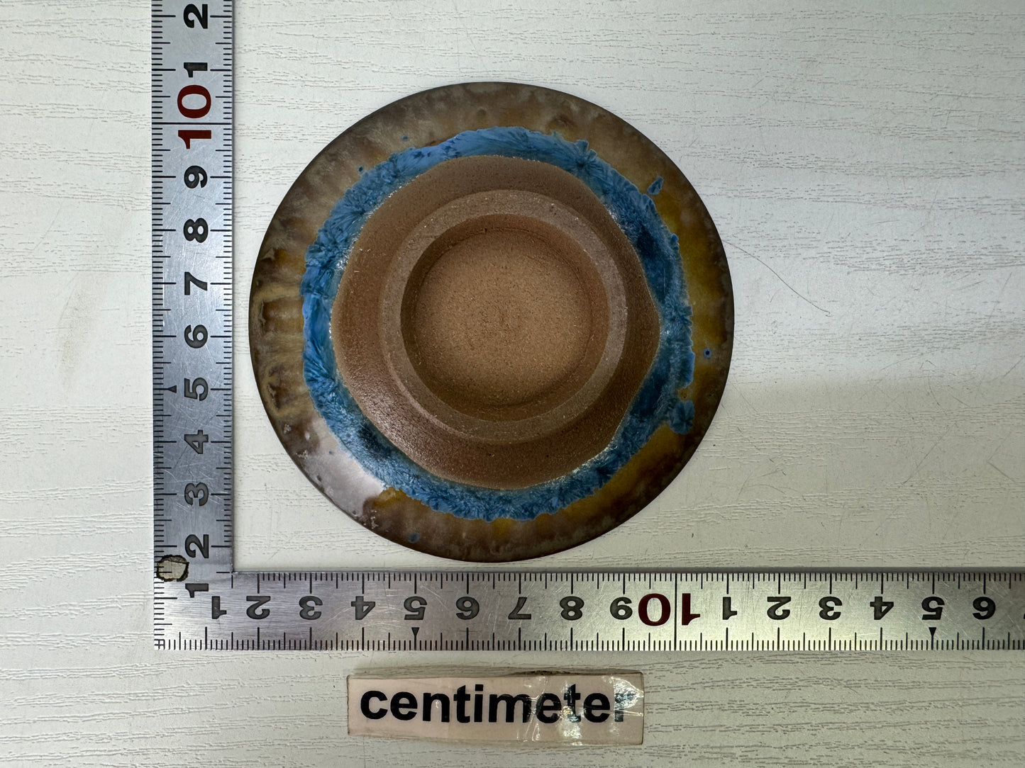Y9335 CHAWAN Seto-ware flat sake cup blue crystal signed box Japan antique