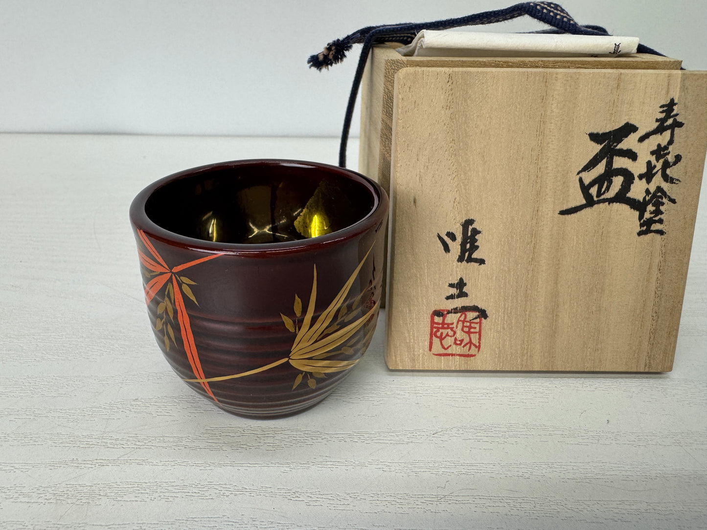 Y9344 CHAWAN Wajima lacquer Makie Sake cup signed box Japan antique tableware