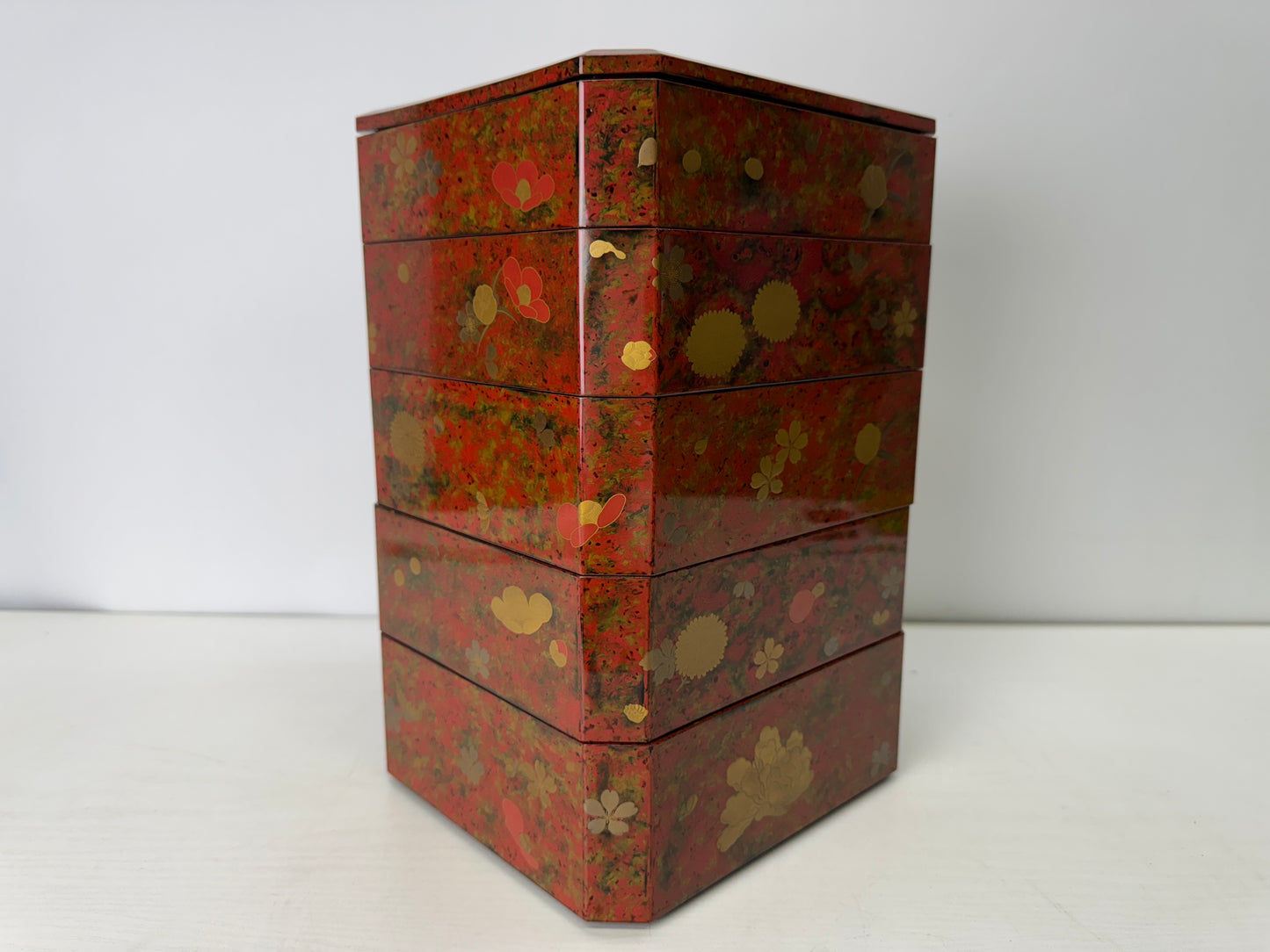 Y9350 BOX Wakasa lacquer Makie 5-tiered container Japan antique case storage