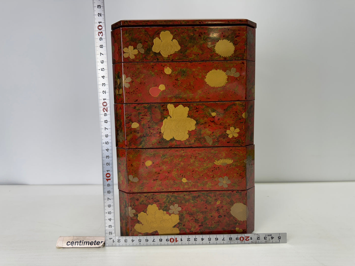 Y9350 BOX Wakasa lacquer Makie 5-tiered container Japan antique case storage