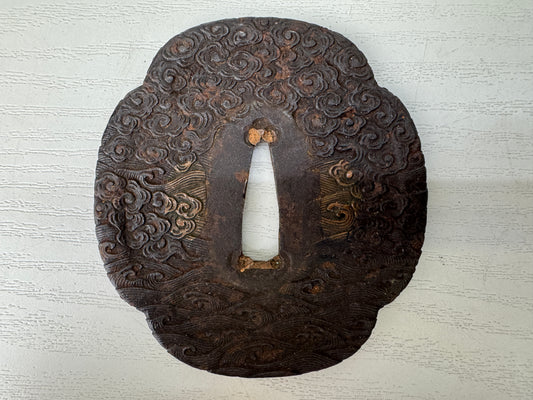 Y9358 TSUBA Iron sword guard wave cloud Japan samurai katana antique koshirae