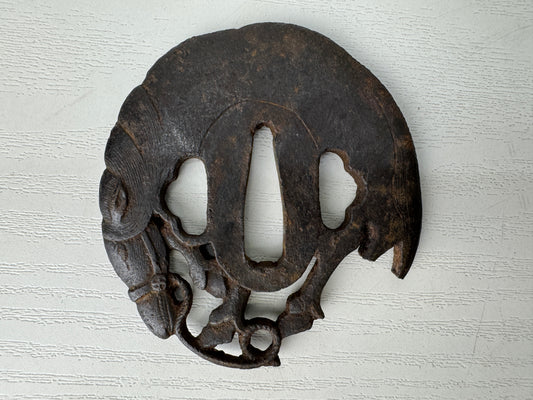 Y9359 TSUBA Iron sword guard horse Japan samurai katana antique koshirae edo