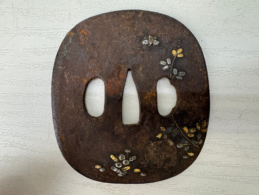 Y9361 TSUBA Iron sword guard gold siler inlay Japan samurai katana antique edo