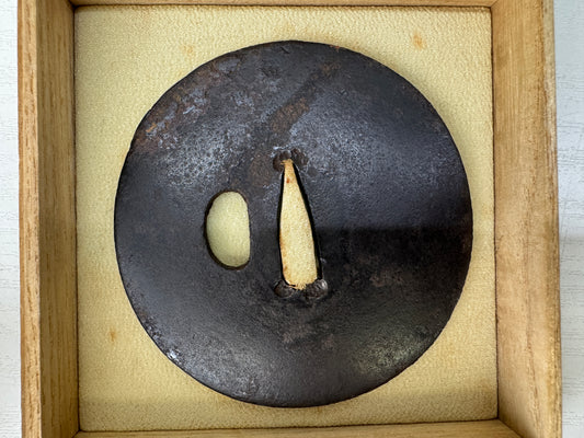 Y9363 TSUBA Iron sword guard round box Japan samurai katana antique koshirae edo