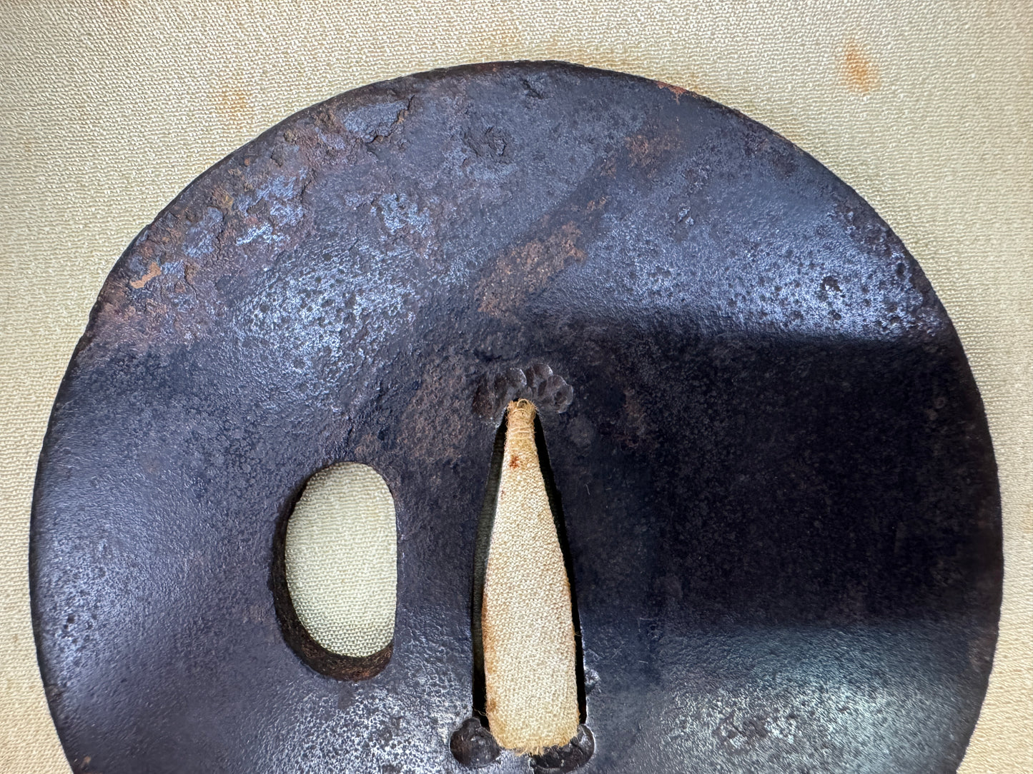 Y9363 TSUBA Iron sword guard round box Japan samurai katana antique koshirae edo