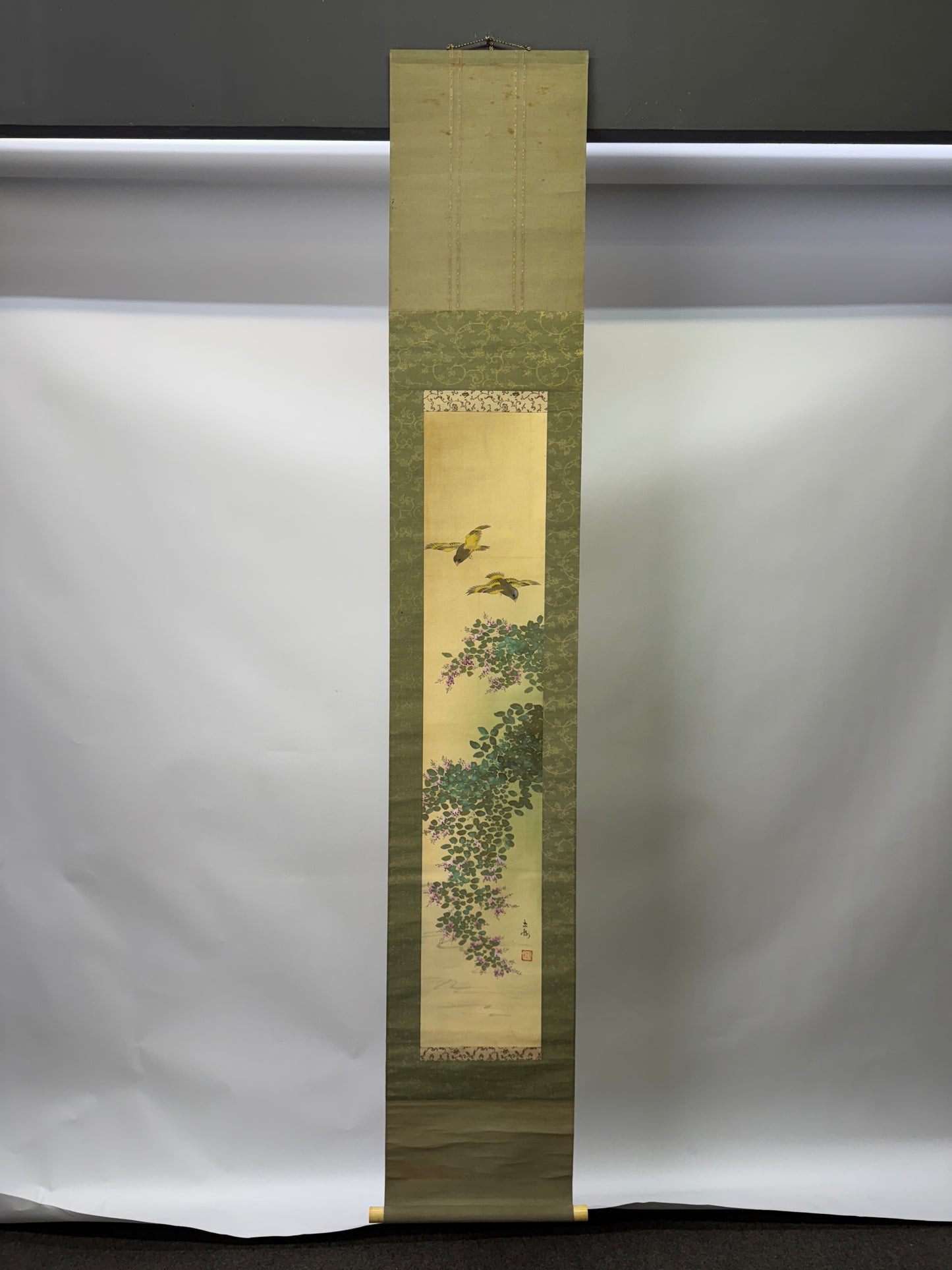 Y9372 KAKEJIKU Flower Bird signed box Japan antique hanging scroll interior art