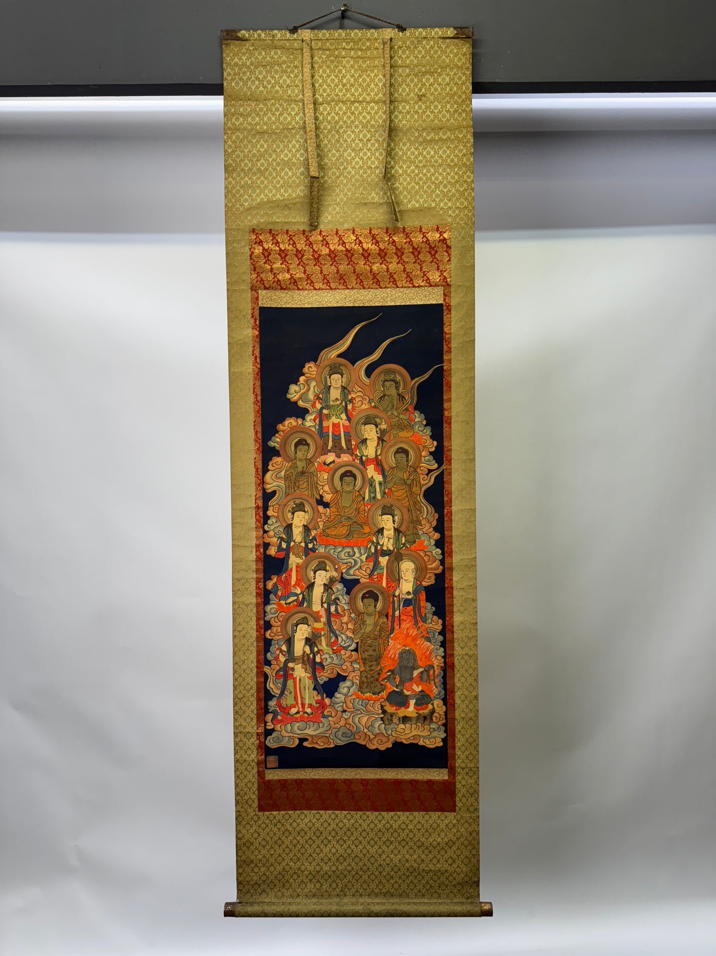 Y9373 KAKEJIKU 13 Buddhas signed box Buddhist Japan antique hanging scroll art