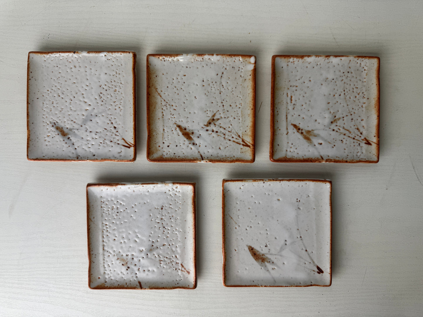Y9397 DISH Shino-ware 5 Serving plates square signed box Japan antique tableware