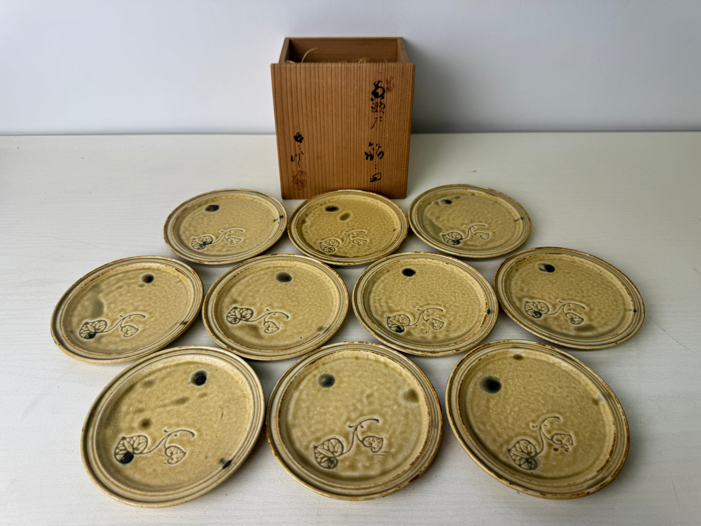 Y9398 DISH Kiseto-ware 10 Serving plates signed box Japan antique tableware