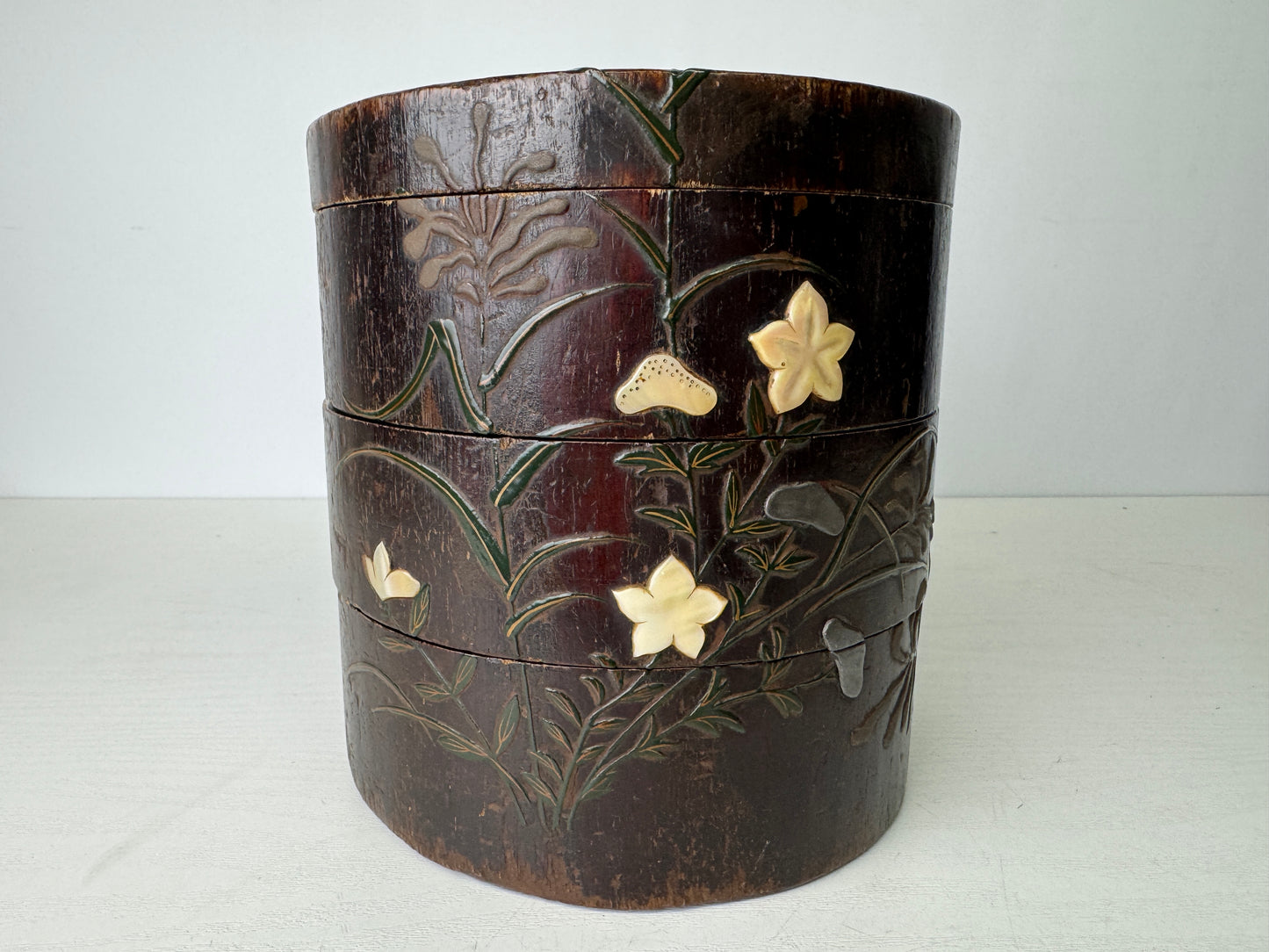 Y9407 BOX Shibayama craft Makie inlay wooden Japan antique container storage
