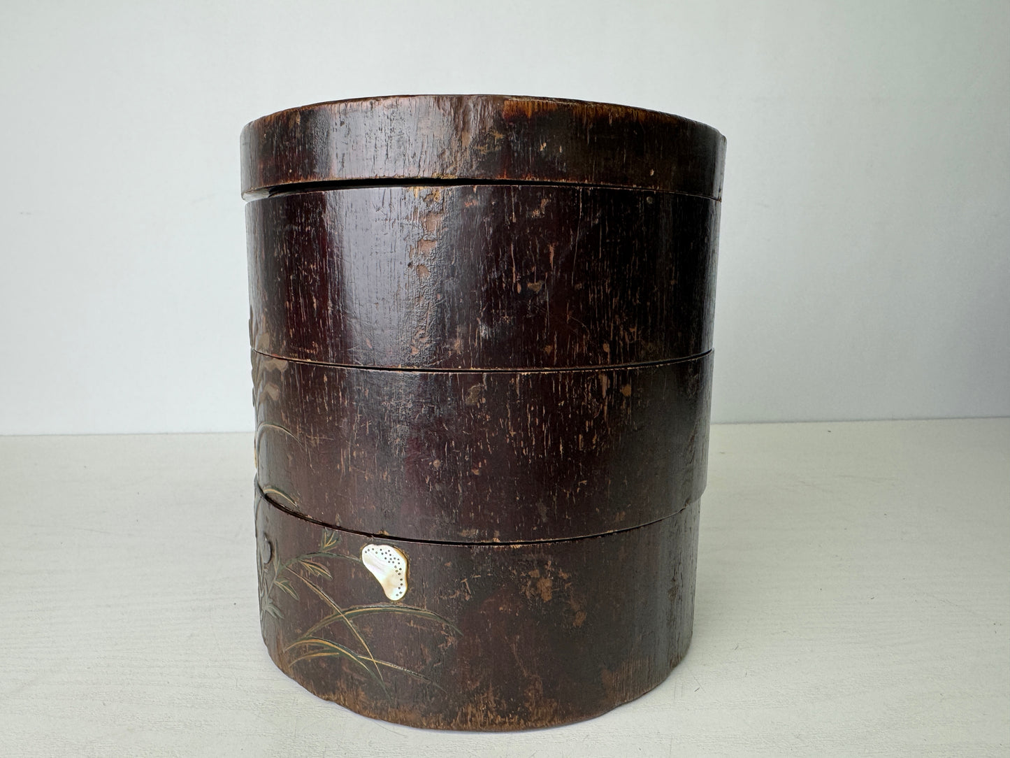 Y9407 BOX Shibayama craft Makie inlay wooden Japan antique container storage