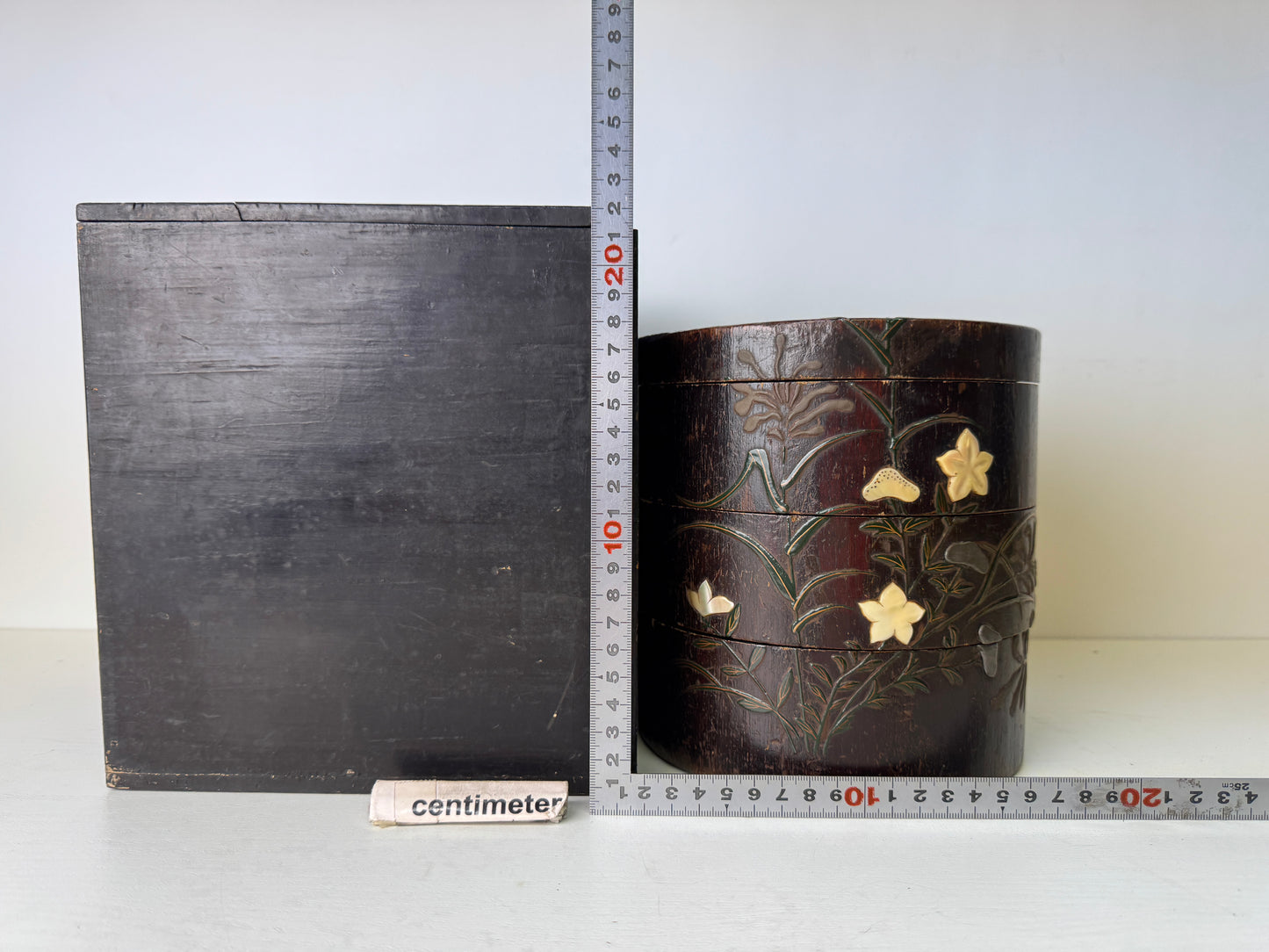 Y9407 BOX Shibayama craft Makie inlay wooden Japan antique container storage