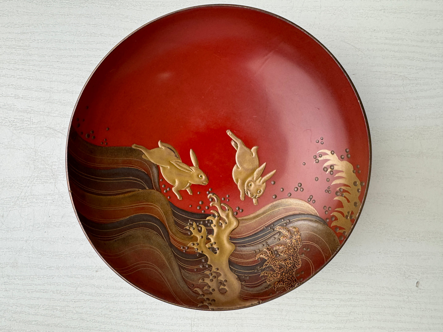 Y9412 CHAWAN 3 Sake cups Makie wave rabbit Japan antique tableware kitchen