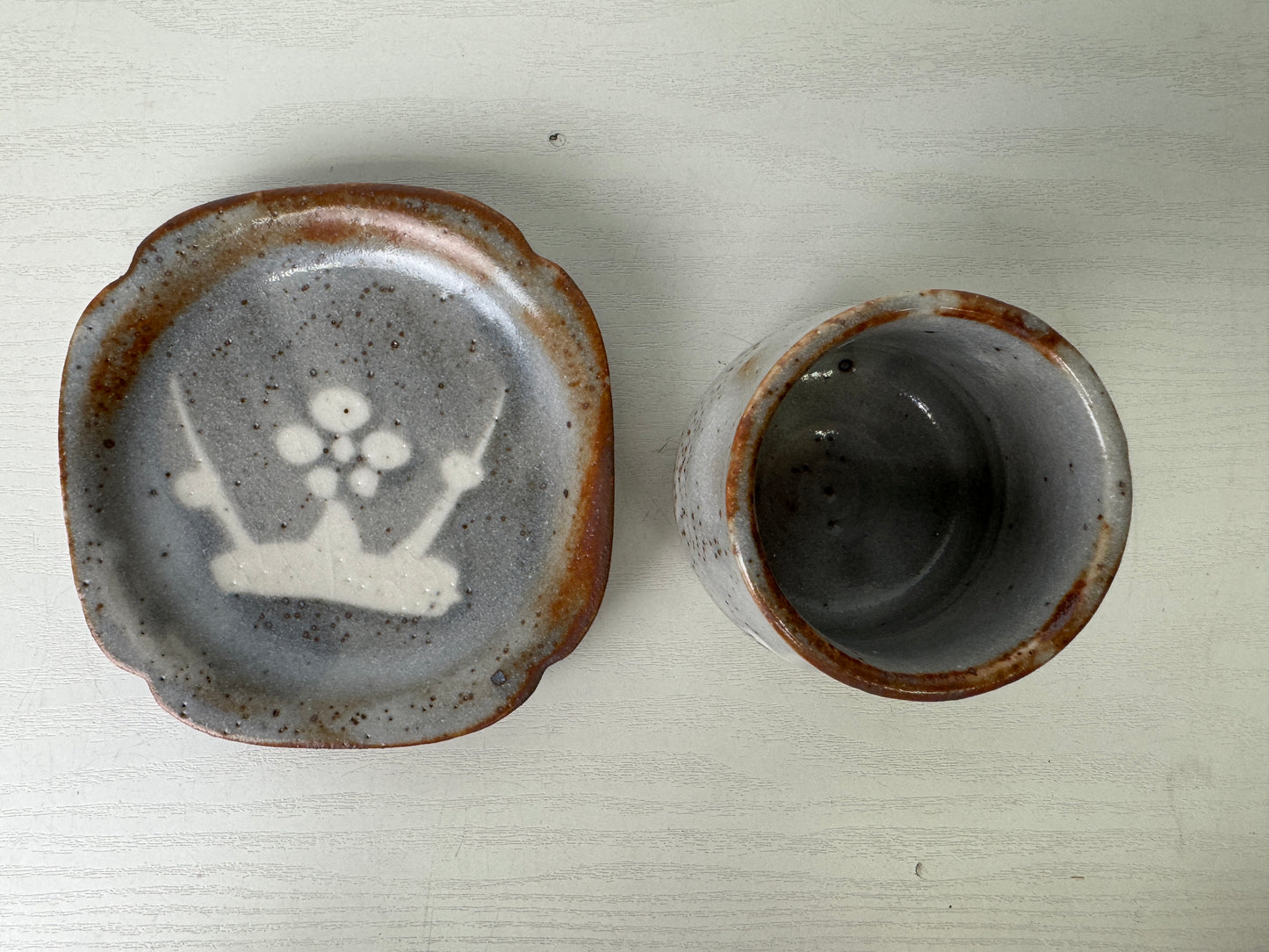 Y9414 CHAWAN Shino-ware Sencha tea teapot cup dish set signed box Japan antique