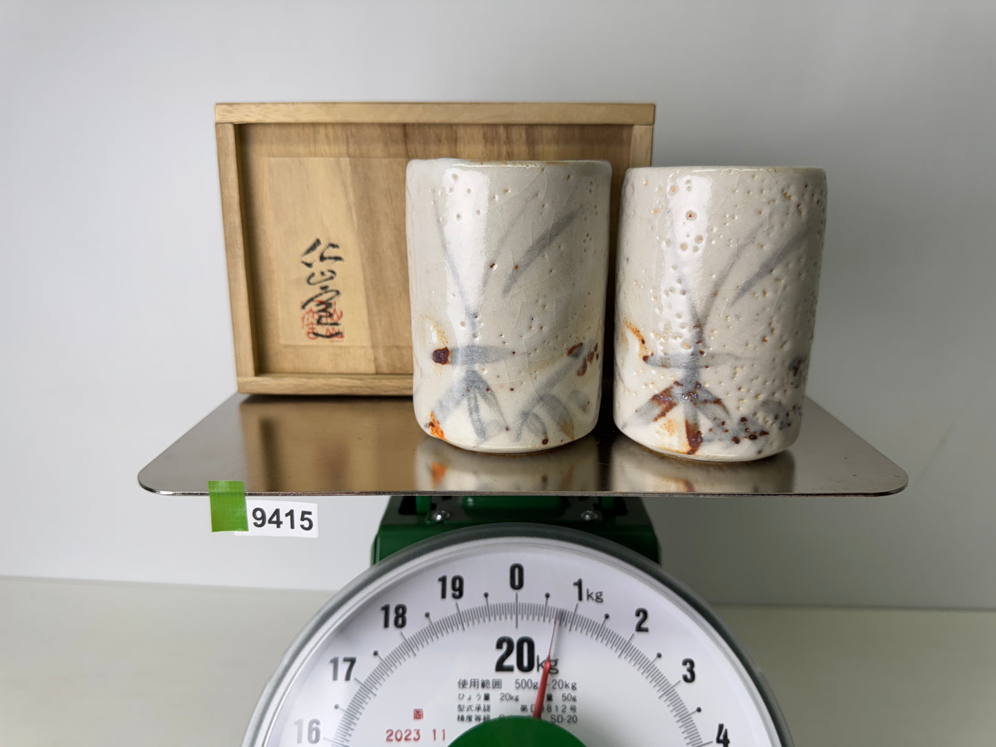 Y9415 YUNOMI Shino-ware 2 teacup Sencha cup signed box Japan antique tableware