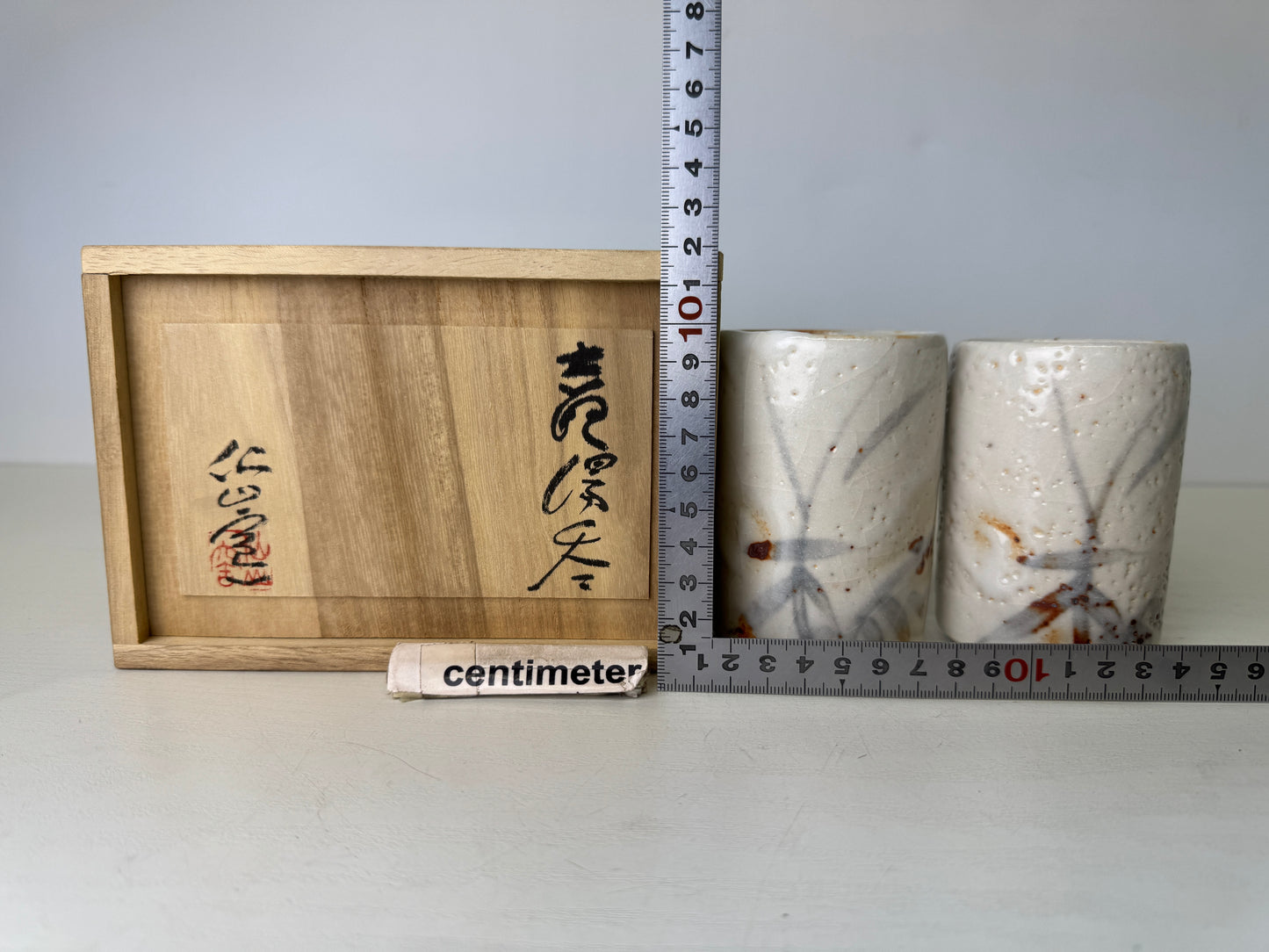 Y9415 YUNOMI Shino-ware 2 teacup Sencha cup signed box Japan antique tableware
