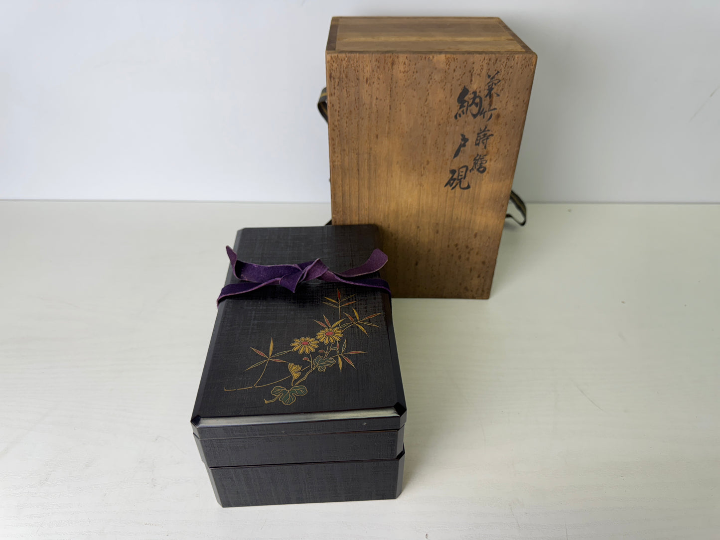 Y9418 BOX Suzuri inkstone case Makie signed stationery Japan antique container
