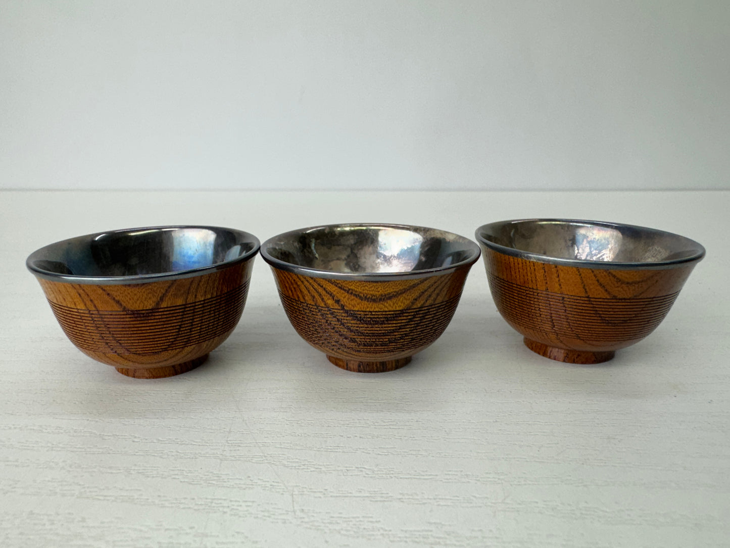 Y9428 CHAWAN Sterling silver lining 3 Sake cups signed box Japan antique kitchen