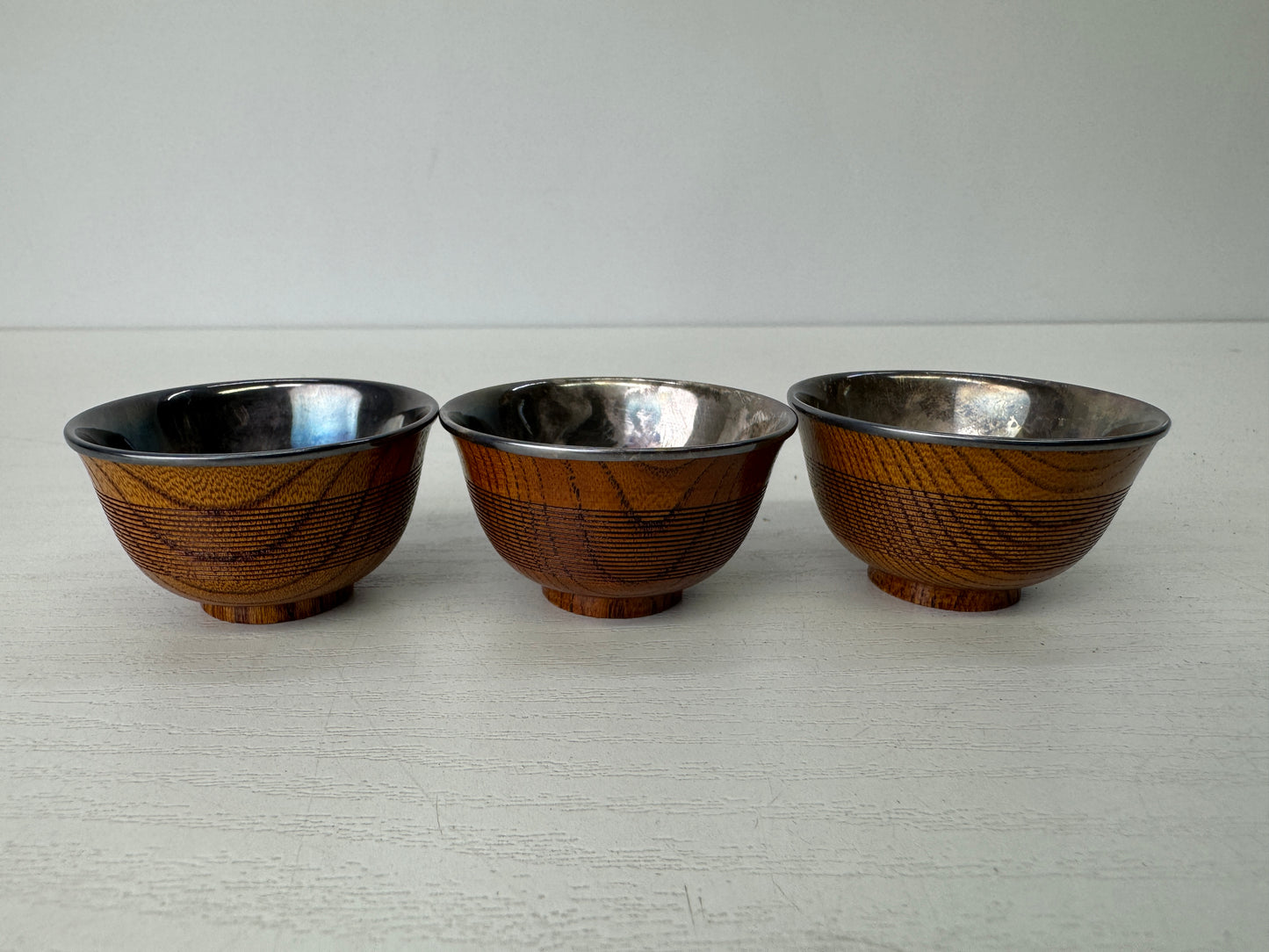 Y9428 CHAWAN Sterling silver lining 3 Sake cups signed box Japan antique kitchen