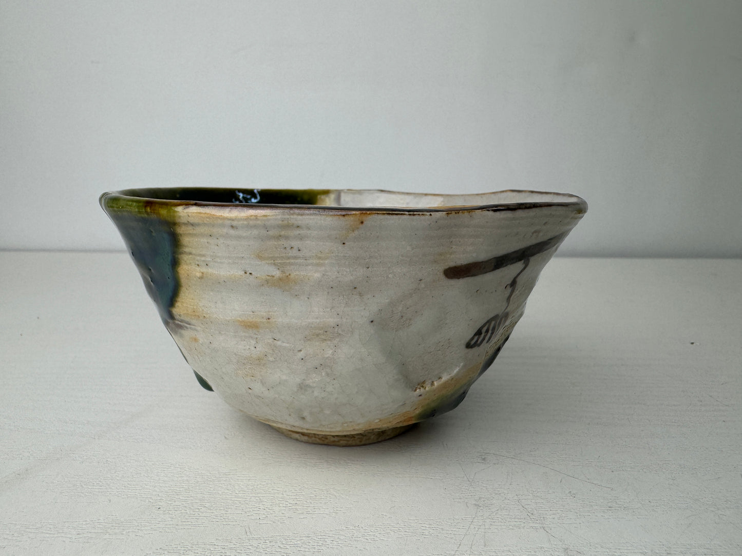 Y9432 CHAWAN Oribe-ware bowl signed box Japan antique tea ceremony teacup cup