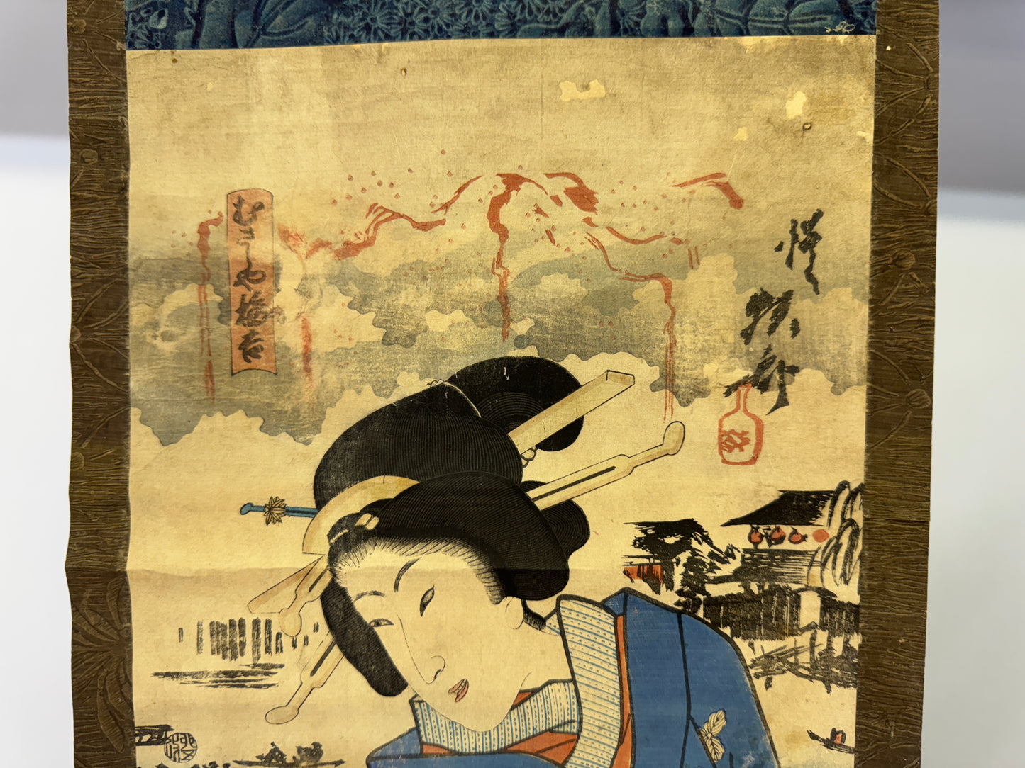 Y9441 KAKEJIKU Beautiful woman Kunisada Fireworks Japan antique hanging scroll