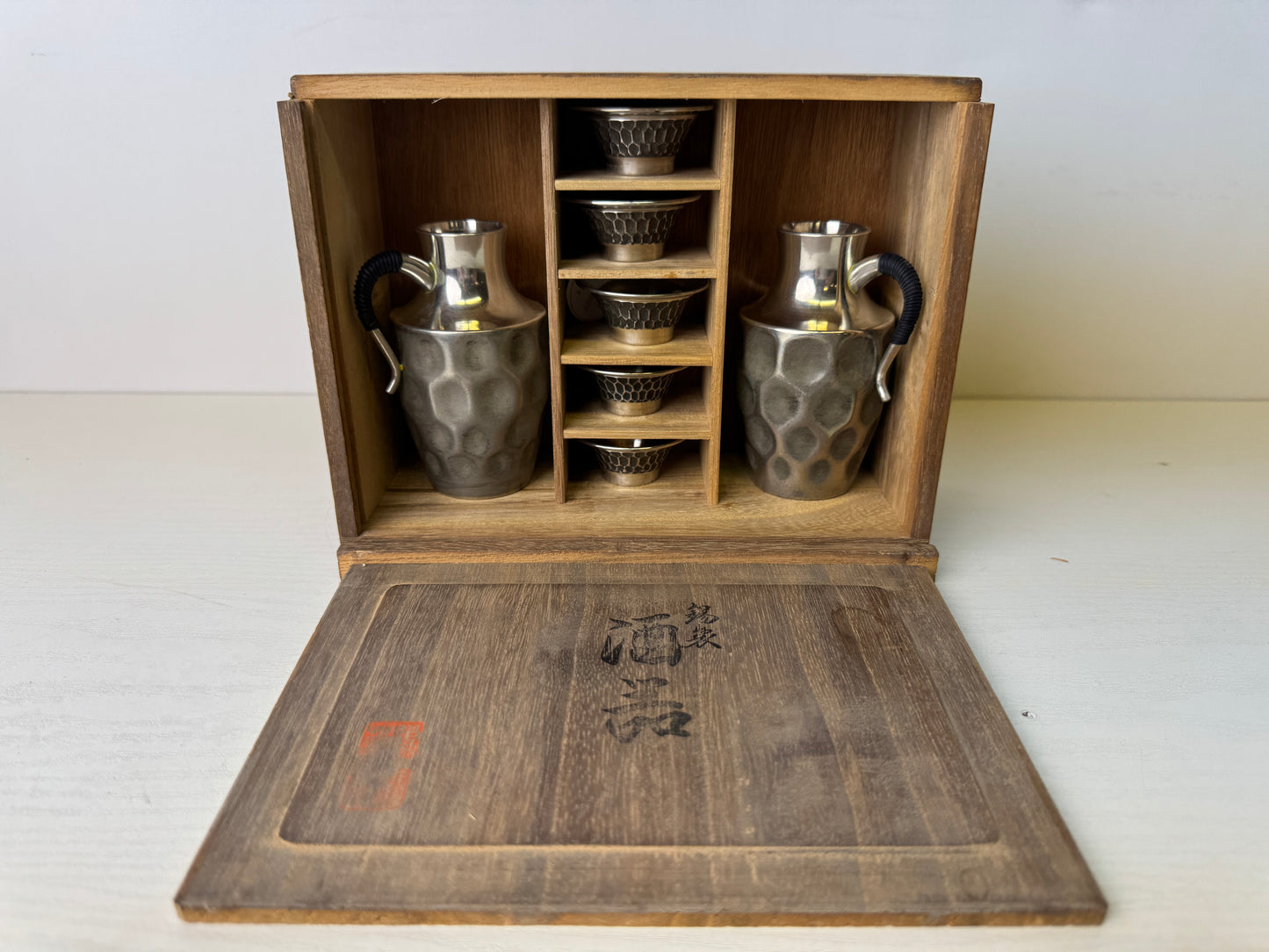 Y9481 CHOUSHI Tin Tokkuri Sake bottle cup set signed box Japan antique tableware