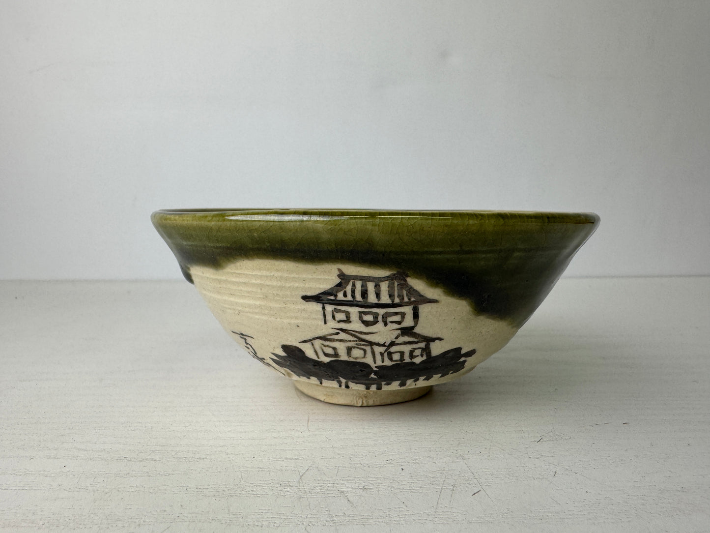 Y9495 CHAWAN Oribe-ware bowl signed box Japan antique tea ceremony pottery cup