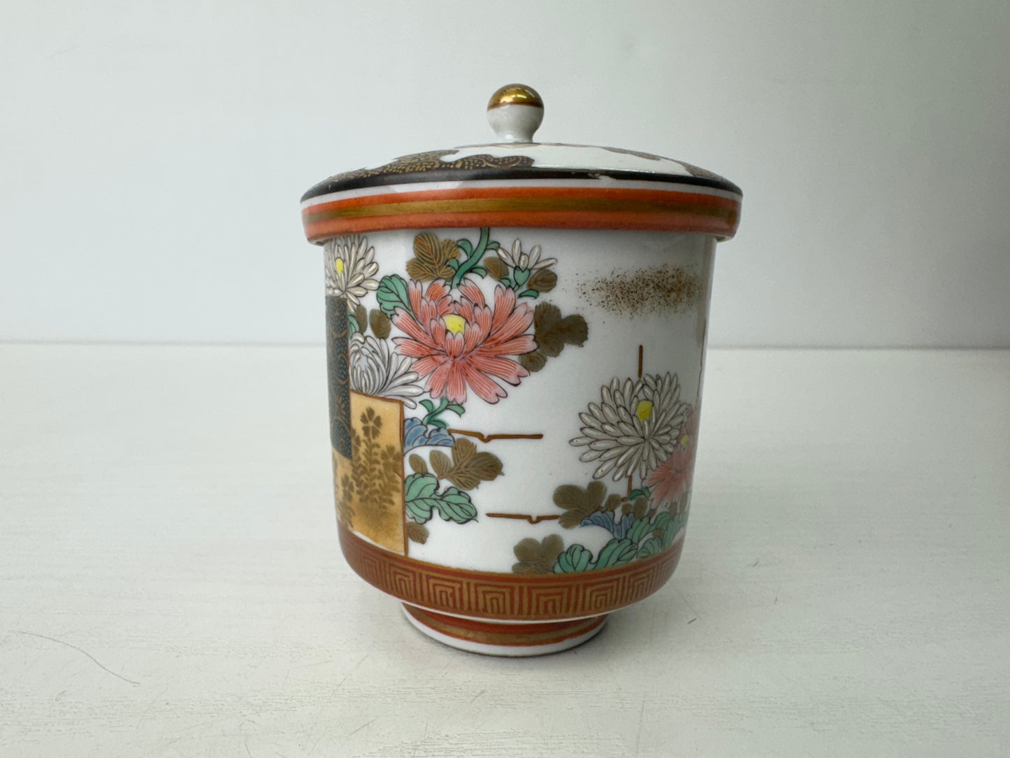 Y9515 YUNOMI Kutani-ware cup lid signed box Japan antique Sencha tea ceremony