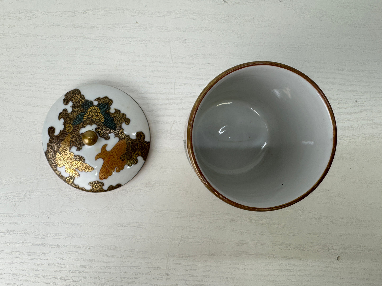 Y9515 YUNOMI Kutani-ware cup lid signed box Japan antique Sencha tea ceremony