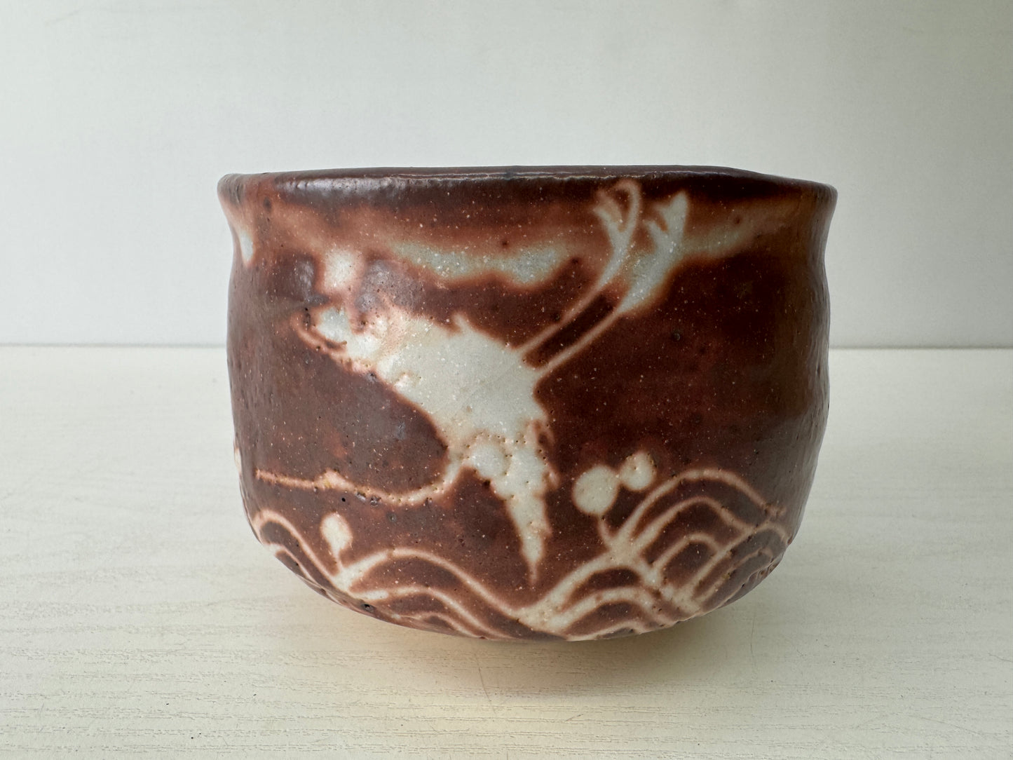 Y9551 CHAWAN Shino-ware bowl signed box Japan antique tea ceremony pottery cup