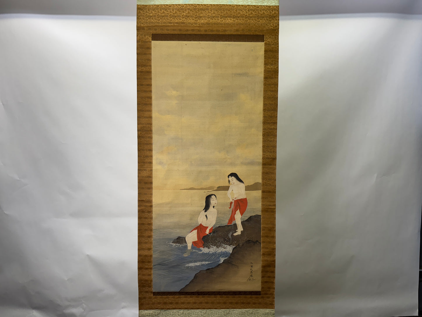 Y9586 KAKEJIKU Beautiful woman signed box Japan antique hanging scroll interior